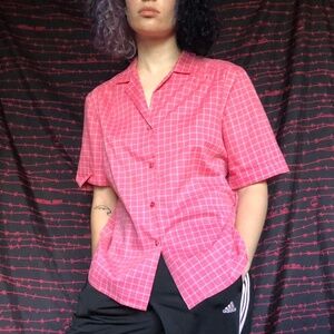 Vintage Hot Pink Button Up Shirt With Lined Pattern